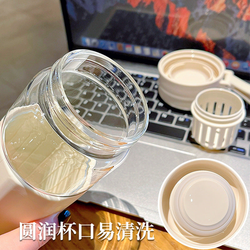 Minimalist Letter Tea Glass Cup – Silicone Lid with Tea Infuser, Waterproof Office Cup