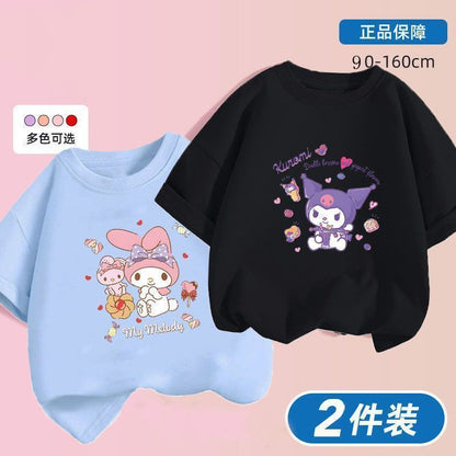 Kuromi x Melody Girls Summer Cotton T‑Shirt Set – Sweet Cartoon Short Sleeve Twin Pack
