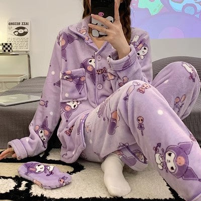 Sanrio Cinnamon Dog Coral Velvet Pajama Set for Women — Plush Flannel Warm Loungewear with Lapel Cardigan and Long Pants, Thickened Autumn Winter Homewear Set