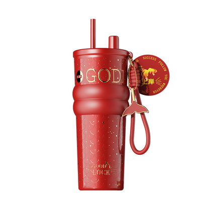 Ceramic Liner Straw Thermos Cup – Large Capacity Car & Travel Mug with Sturdy Carry Ring