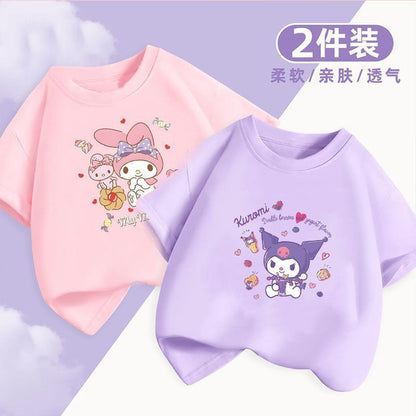 Kuromi x Melody Girls Summer Cotton T‑Shirt Set – Sweet Cartoon Short Sleeve Twin Pack