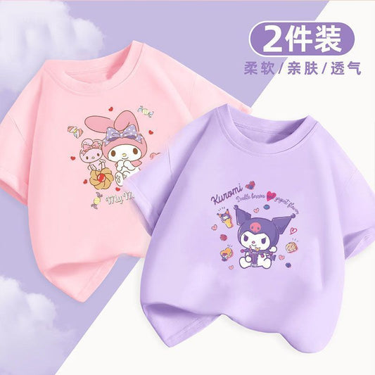 Kuromi x Melody Girls Summer Cotton T‑Shirt Set – Sweet Cartoon Short Sleeve Twin Pack