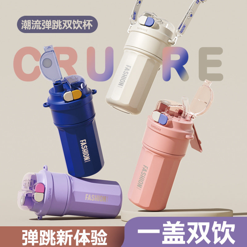 Large Capacity Portable Coffee Thermos Cup – Double-Drink Summer Straw Mug for Students