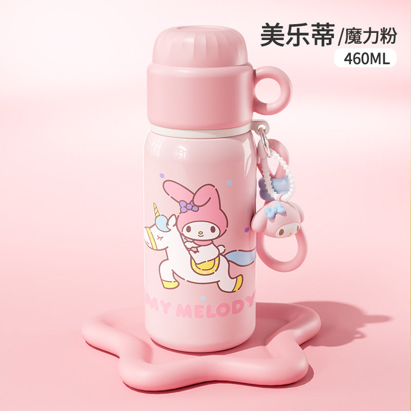 Sanrio Family Cartoon Thermos Cup – Silk-Screen Double-Drink Mug with Rope Strap, Portable