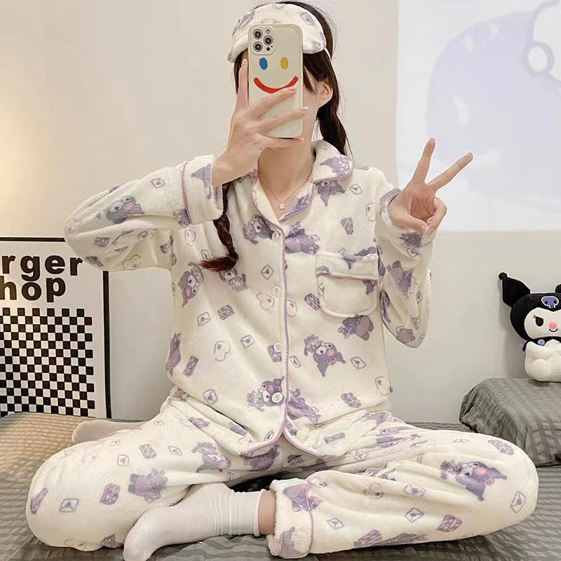 Sanrio Cinnamon Dog Coral Velvet Pajama Set for Women — Plush Flannel Warm Loungewear with Lapel Cardigan and Long Pants, Thickened Autumn Winter Homewear Set