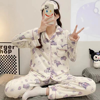 Sanrio Cinnamon Dog Coral Velvet Pajama Set for Women — Plush Flannel Warm Loungewear with Lapel Cardigan and Long Pants, Thickened Autumn Winter Homewear Set