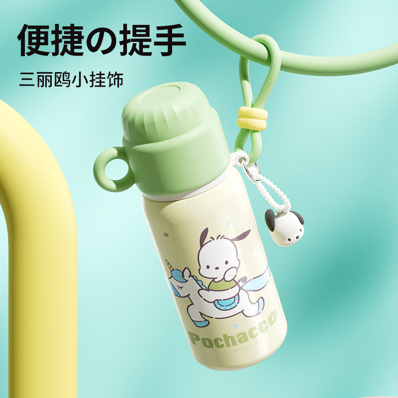 Sanrio Family Cartoon Thermos Cup – Silk-Screen Double-Drink Mug with Rope Strap, Portable