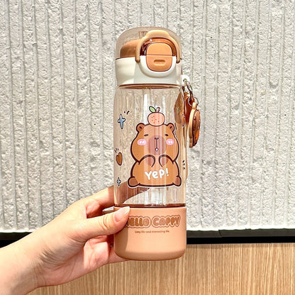 Capybara Double-Drink Plastic Cup – Pop Lid Kids Cartoon Straw Cup, Portable Girls Water Bottle