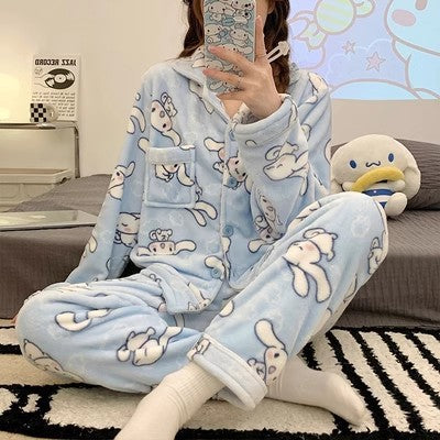 Sanrio Cinnamon Dog Coral Velvet Pajama Set for Women — Plush Flannel Warm Loungewear with Lapel Cardigan and Long Pants, Thickened Autumn Winter Homewear Set