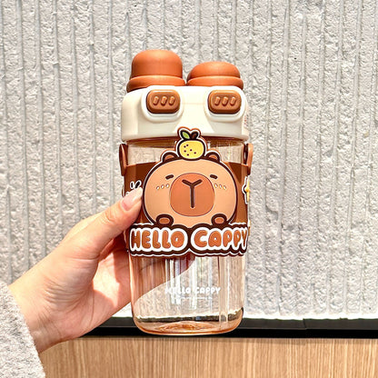 Capybara Double-Drink Plastic Cup – Pop Lid Kids Cartoon Straw Cup, Portable Girls Water Bottle
