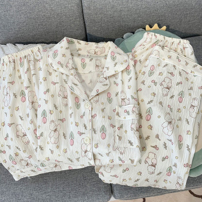 Crayon Shin-chan Pajama Set — Plus Size Lace Doll Collar Three-Piece Loungewear | Short Sleeve Top + Shorts + Long Pants Soft Cloud Cotton Sleepwear for Women & Men Spring Summer 2025