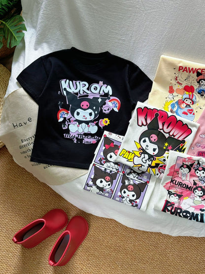 Sanrio Kuromi Girls Cartoon Print Cotton T-Shirt – Short Sleeve Top for Kids