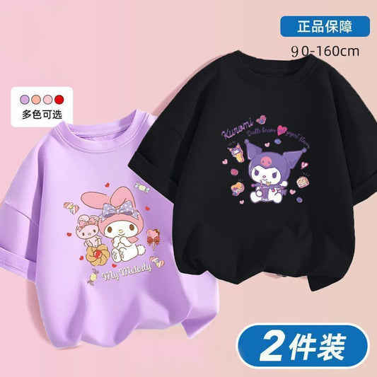 Kuromi x Melody Girls Summer Cotton T‑Shirt Set – Sweet Cartoon Short Sleeve Twin Pack