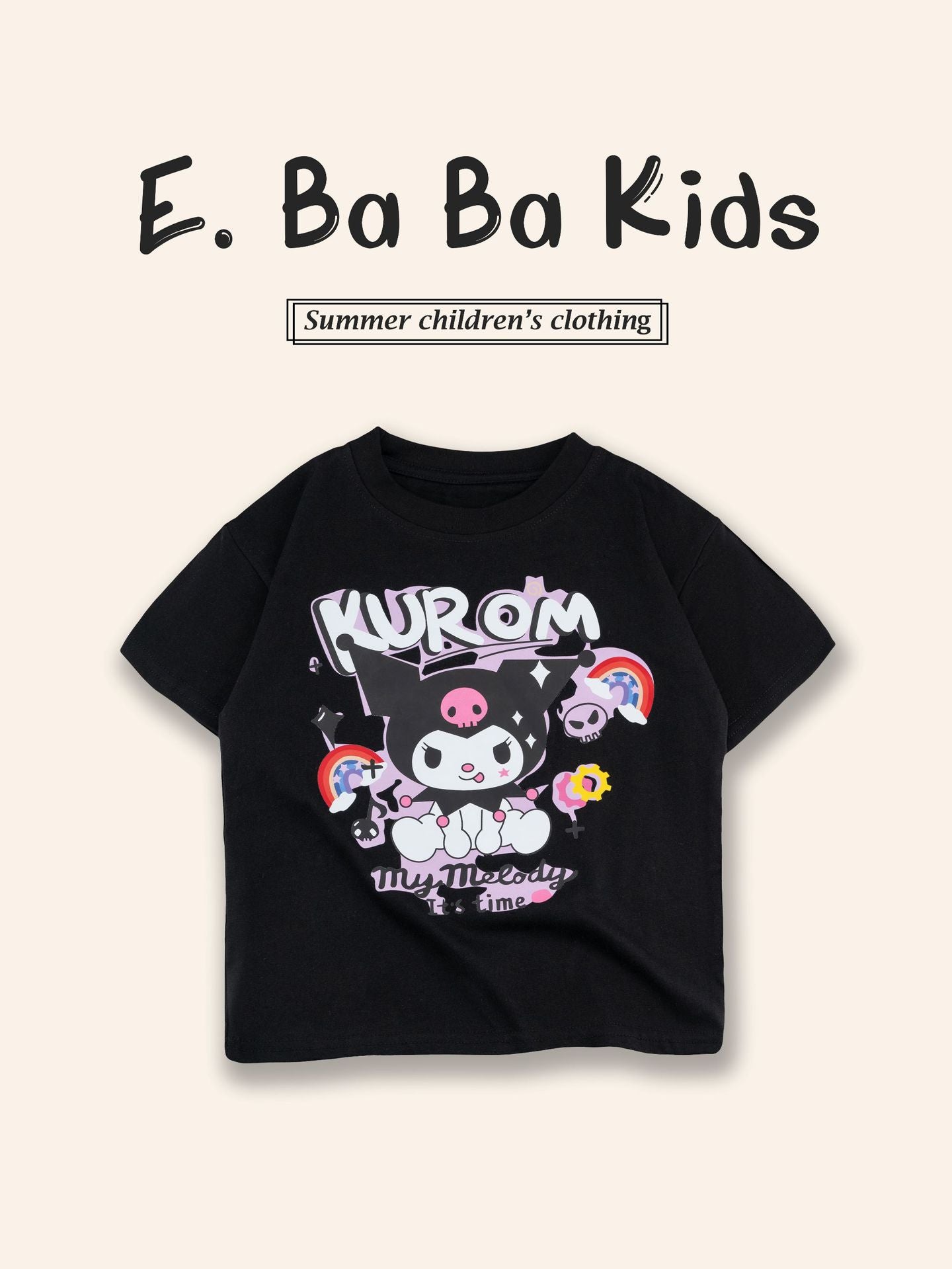 Sanrio Kuromi Girls Cartoon Print Cotton T-Shirt – Short Sleeve Top for Kids