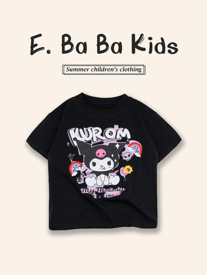 Sanrio Kuromi Girls Cartoon Print Cotton T-Shirt – Short Sleeve Top for Kids
