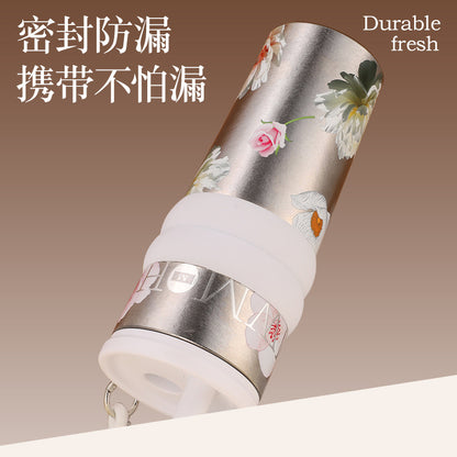 Floral Series Pure Titanium Thermos Cup – Large Capacity Silk-Screen Mug with Sturdy Carry Ring