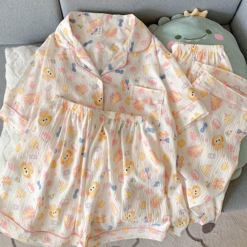 Crayon Shin-chan Pajama Set — Plus Size Lace Doll Collar Three-Piece Loungewear | Short Sleeve Top + Shorts + Long Pants Soft Cloud Cotton Sleepwear for Women & Men Spring Summer 2025