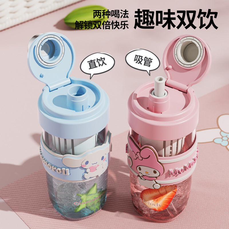 Sanrio Licensed Kids Plastic Cup – Flip Lid Straw with Tea Separator, Student Drinking Cup