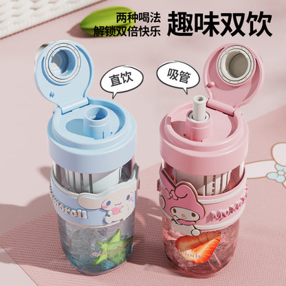 Sanrio Licensed Kids Plastic Cup – Flip Lid Straw with Tea Separator, Student Drinking Cup