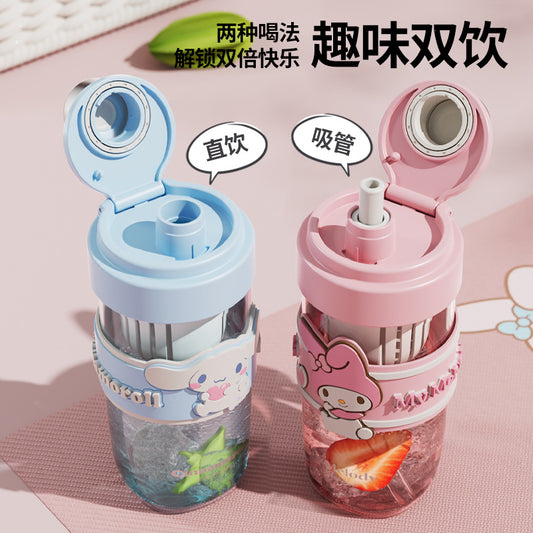 Sanrio Licensed Kids Plastic Cup – Flip Lid Straw with Tea Separator, Student Drinking Cup