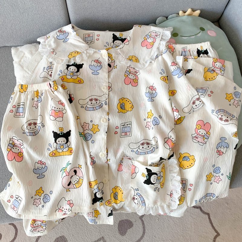 Crayon Shin-chan Pajama Set — Plus Size Lace Doll Collar Three-Piece Loungewear | Short Sleeve Top + Shorts + Long Pants Soft Cloud Cotton Sleepwear for Women & Men Spring Summer 2025