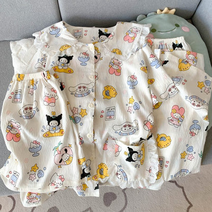 Crayon Shin-chan Pajama Set — Plus Size Lace Doll Collar Three-Piece Loungewear | Short Sleeve Top + Shorts + Long Pants Soft Cloud Cotton Sleepwear for Women & Men Spring Summer 2025