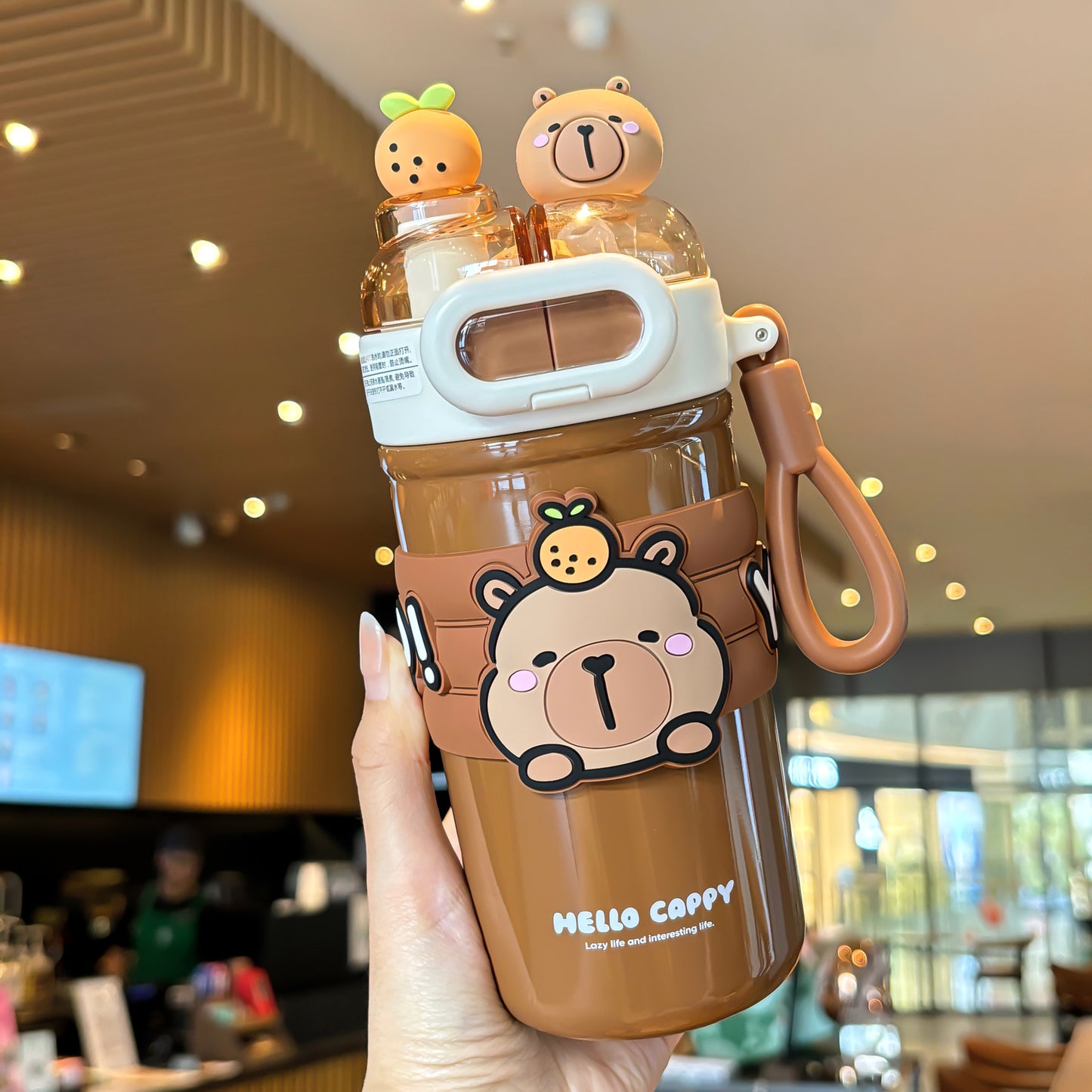 Capybara Cartoon Thermos Cup 316 Stainless Steel – Double-Drink Kids Insulated Cup with Lock Buckle