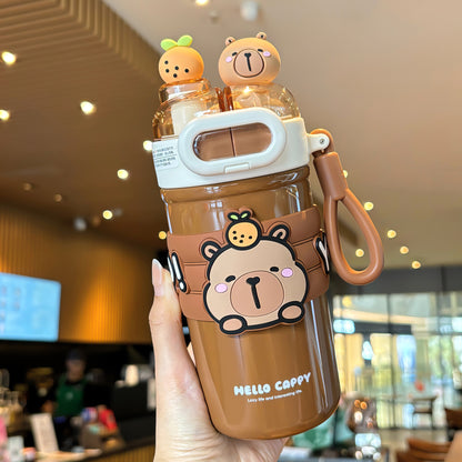 Capybara Cartoon Thermos Cup 316 Stainless Steel – Double-Drink Kids Insulated Cup with Lock Buckle