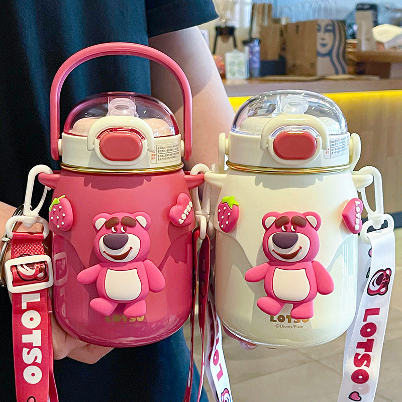 Strawberry Bear Cartoon Thermos Cup – Large Capacity Doll Straw Mug for Students