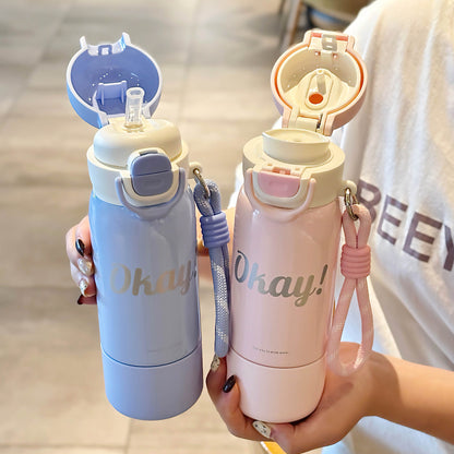Minimalist Silk-Screen Thermos Cup – Double-Drink Insulated Mug with Rope & Lock Design