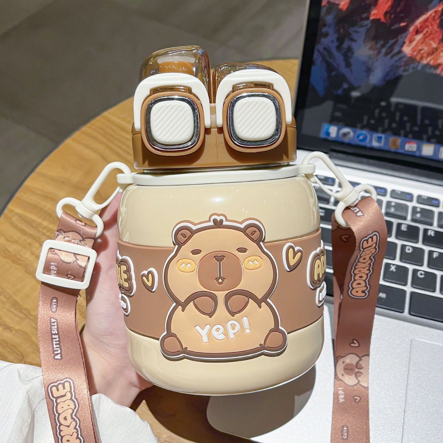 High-value children's insulated water cup, cute large-capacity student sports water bottle, convenient to carry around, double drinking cup