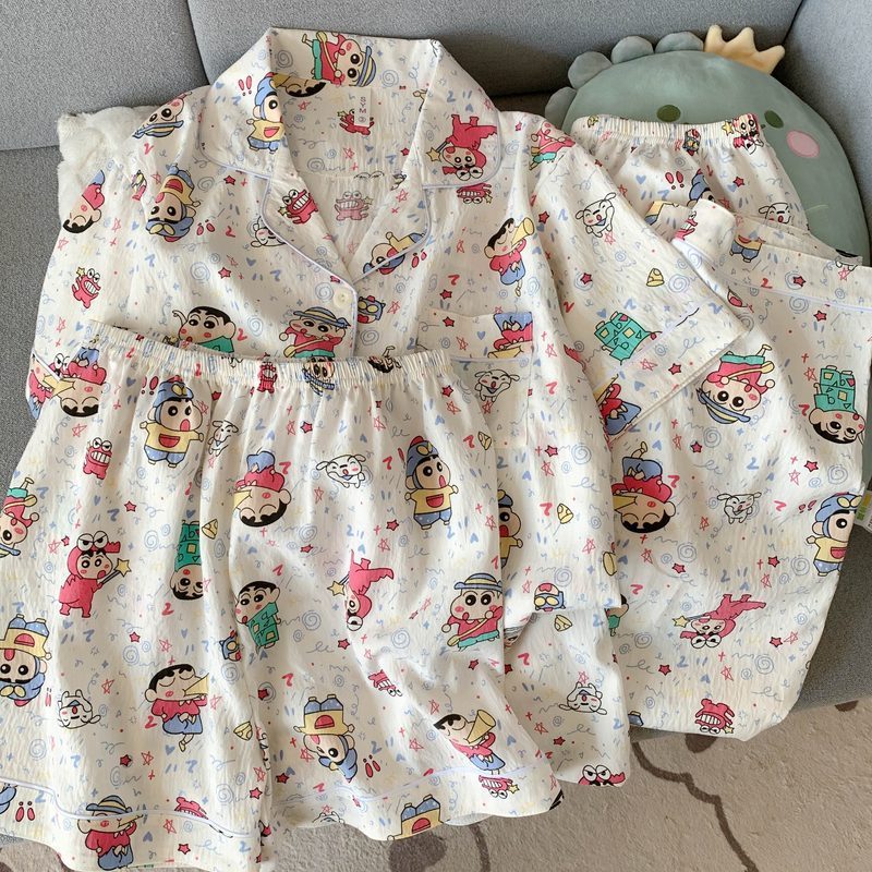Crayon Shin-chan Pajama Set — Plus Size Lace Doll Collar Three-Piece Loungewear | Short Sleeve Top + Shorts + Long Pants Soft Cloud Cotton Sleepwear for Women & Men Spring Summer 2025