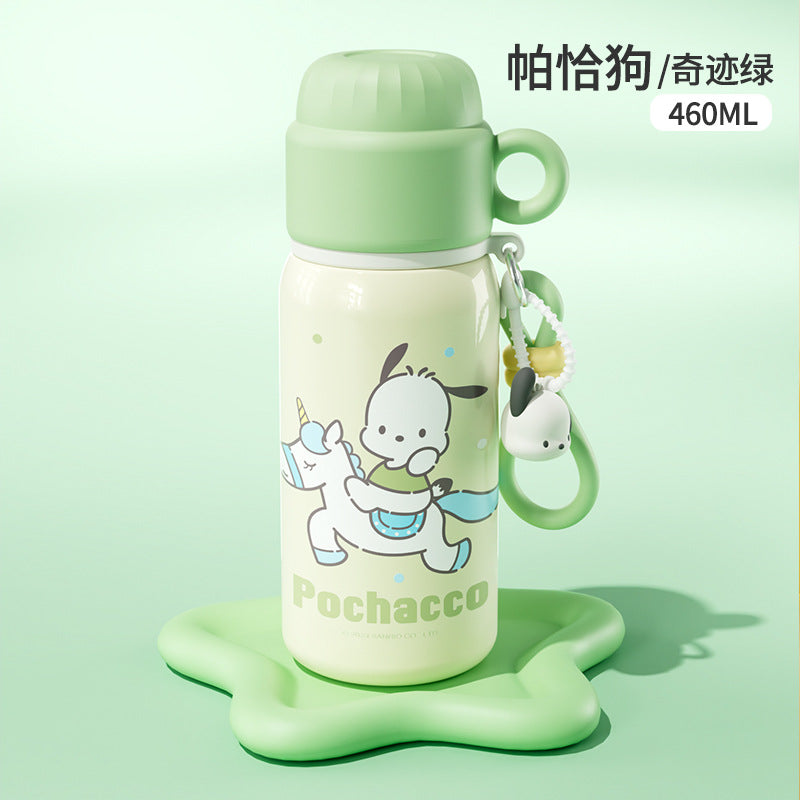 Sanrio Family Cartoon Thermos Cup – Silk-Screen Double-Drink Mug with Rope Strap, Portable