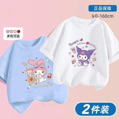 Kuromi x Melody Girls Summer Cotton T‑Shirt Set – Sweet Cartoon Short Sleeve Twin Pack