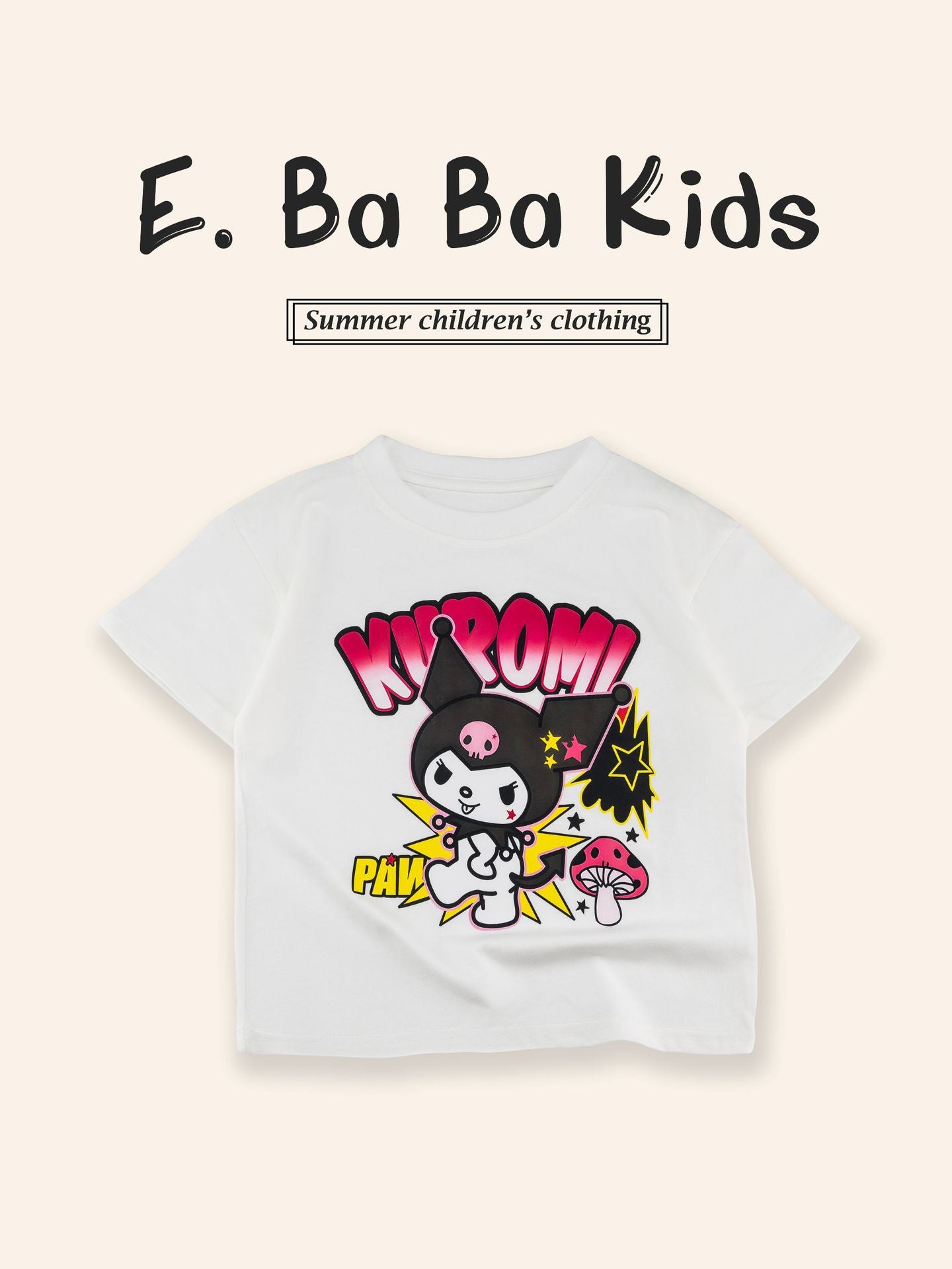 Sanrio Kuromi Girls Cartoon Print Cotton T-Shirt – Short Sleeve Top for Kids