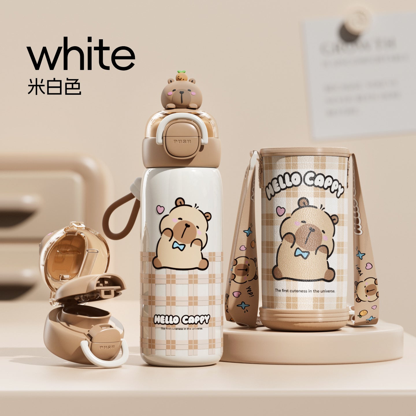 Cartoon capybara cute capybara thermos cup sleeve design lock adjustable portable cup double drinking cup
