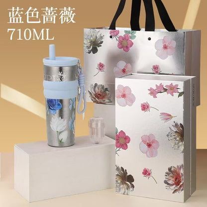 Floral Series Pure Titanium Thermos Cup – Large Capacity Silk-Screen Mug with Sturdy Carry Ring