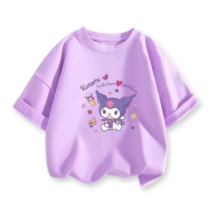 Kuromi x Melody Girls Summer Cotton T‑Shirt Set – Sweet Cartoon Short Sleeve Twin Pack