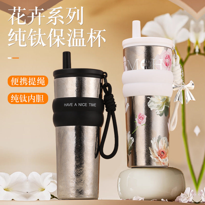 Floral Series Pure Titanium Thermos Cup – Large Capacity Silk-Screen Mug with Sturdy Carry Ring