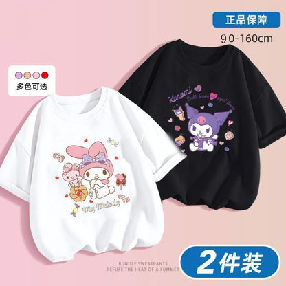 Kuromi x Melody Girls Summer Cotton T‑Shirt Set – Sweet Cartoon Short Sleeve Twin Pack