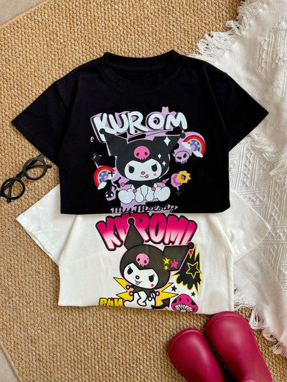 Sanrio Kuromi Girls Cartoon Print Cotton T-Shirt – Short Sleeve Top for Kids