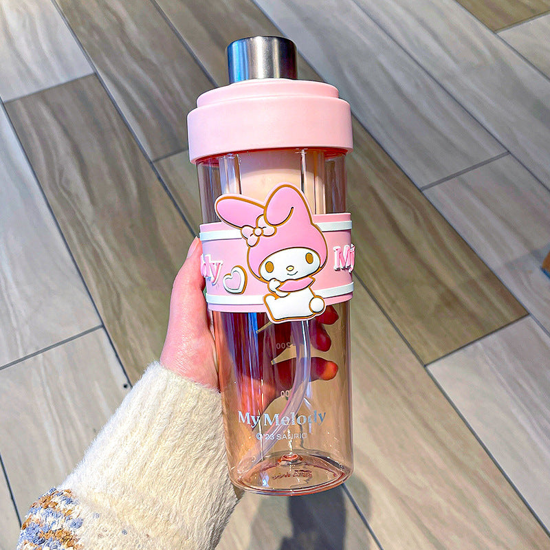 Sanrio Cartoon Plastic Water Cup with Straw – Trendy Fruit Tea Design, Large Capacity Sports Cup