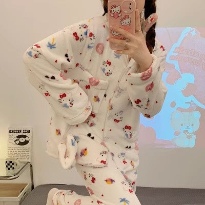 Sanrio Cinnamon Dog Coral Velvet Pajama Set for Women — Plush Flannel Warm Loungewear with Lapel Cardigan and Long Pants, Thickened Autumn Winter Homewear Set