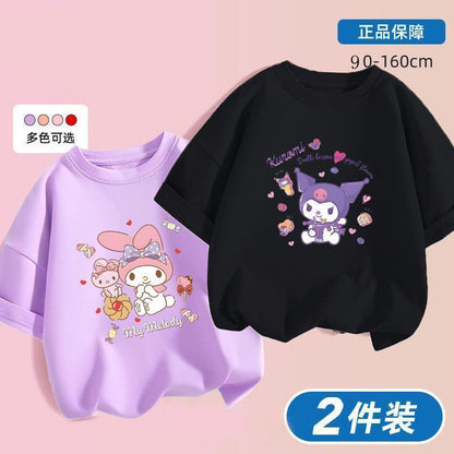 Kuromi x Melody Girls Summer Cotton T‑Shirt Set – Sweet Cartoon Short Sleeve Twin Pack