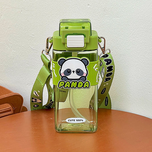 Panda plastic cup high value square straw cup student portable sports water bottle large capacity bullet lid portable cup