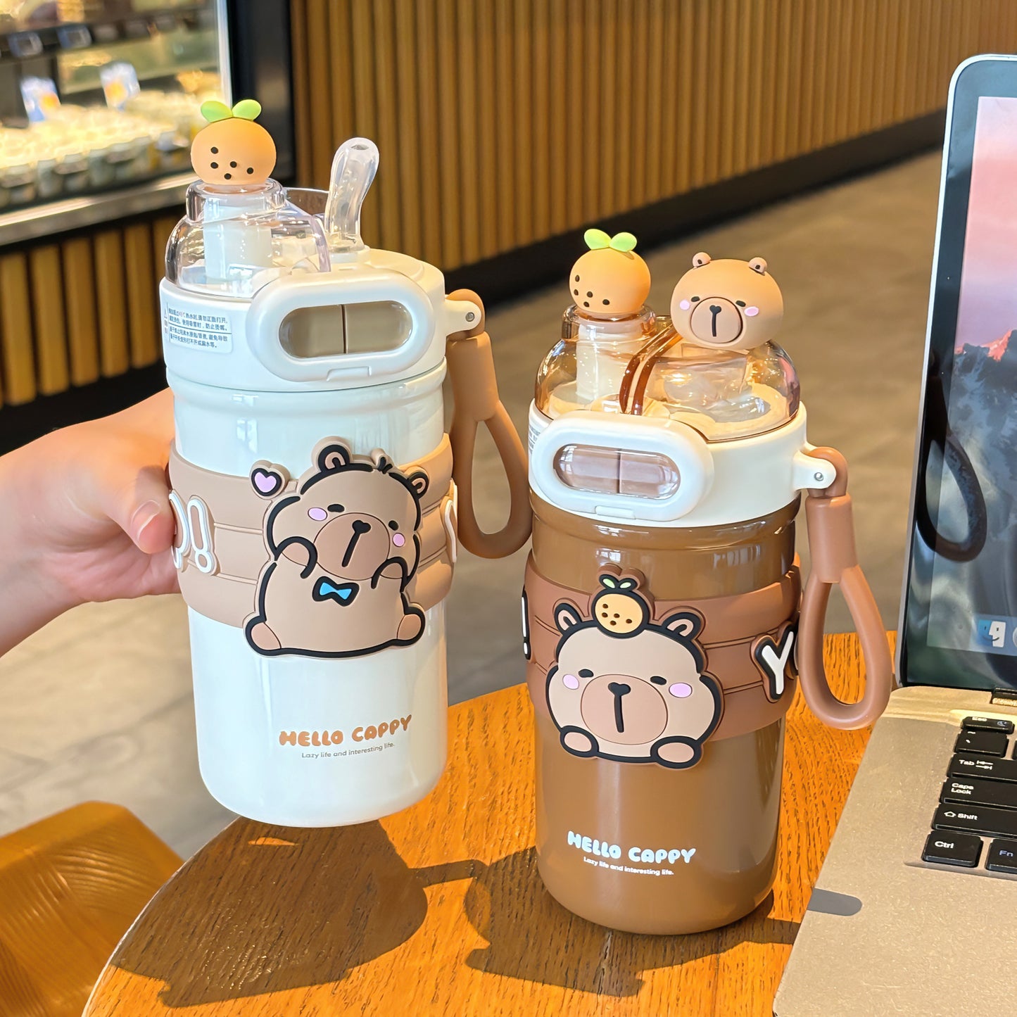 Capybara Cartoon Thermos Cup 316 Stainless Steel – Double-Drink Kids Insulated Cup with Lock Buckle