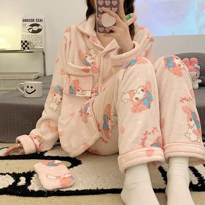 Sanrio Cinnamon Dog Coral Velvet Pajama Set for Women — Plush Flannel Warm Loungewear with Lapel Cardigan and Long Pants, Thickened Autumn Winter Homewear Set