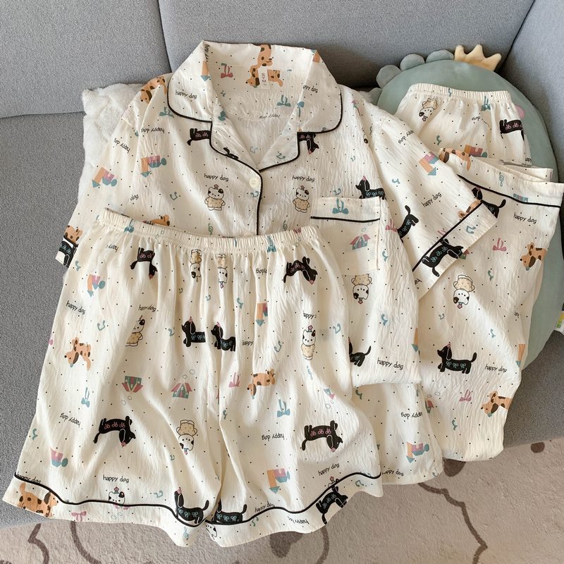 Crayon Shin-chan Pajama Set — Plus Size Lace Doll Collar Three-Piece Loungewear | Short Sleeve Top + Shorts + Long Pants Soft Cloud Cotton Sleepwear for Women & Men Spring Summer 2025