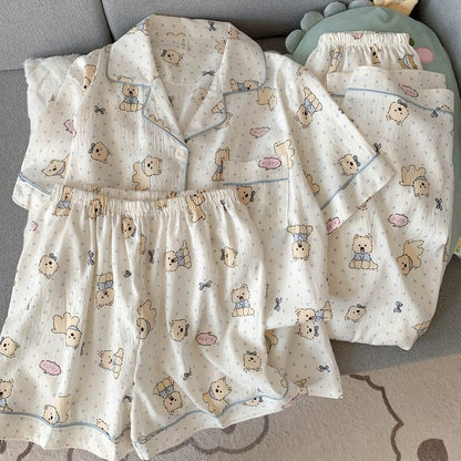 Crayon Shin-chan Pajama Set — Plus Size Lace Doll Collar Three-Piece Loungewear | Short Sleeve Top + Shorts + Long Pants Soft Cloud Cotton Sleepwear for Women & Men Spring Summer 2025