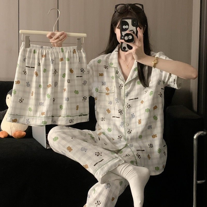 Crayon Shin-chan Pajama Set — Plus Size Lace Doll Collar Three-Piece Loungewear | Short Sleeve Top + Shorts + Long Pants Soft Cloud Cotton Sleepwear for Women & Men Spring Summer 2025